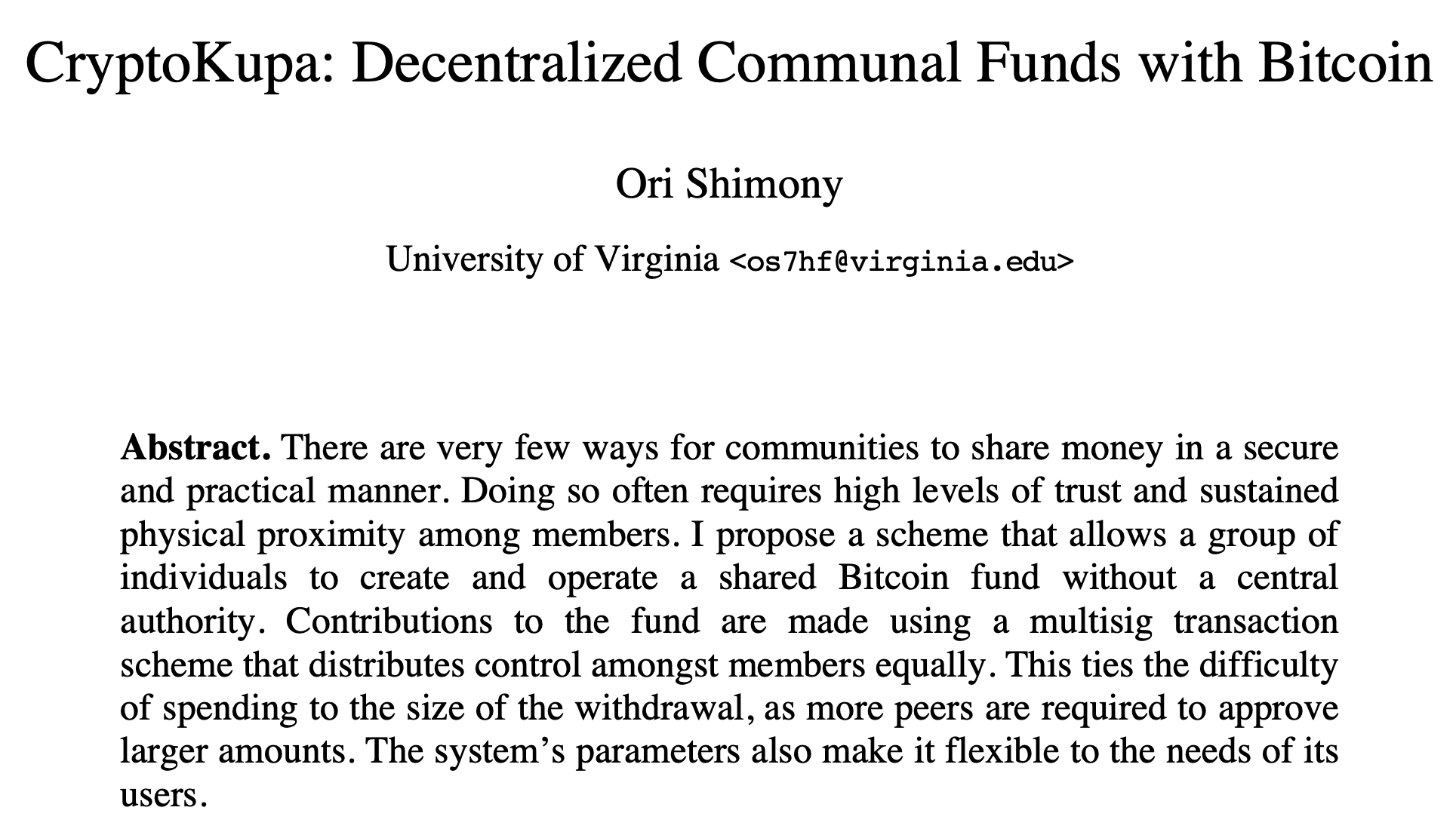 The first page of CryptoKupa: Decentralized Communal Funds with Bitcoin, with its abstract on sharing money without a central authority.