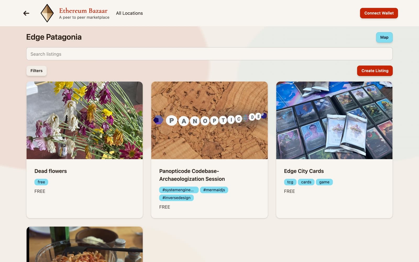 Ethereum Bazaar listings for Edge Patagonia: dead flowers, a codebase archaeology session, Edge City cards and a home-cooked meal.