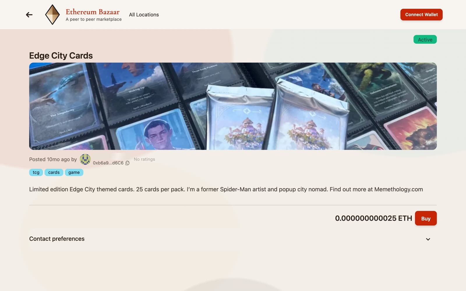 A listing for Edge City cards with the seller's address, a price in ETH and a Buy button.