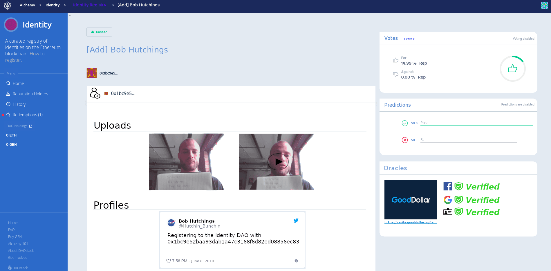 An application to the identity registry: the applicant's uploaded video and photo, their linked profile, the curators' votes, and the verifications attached to them.