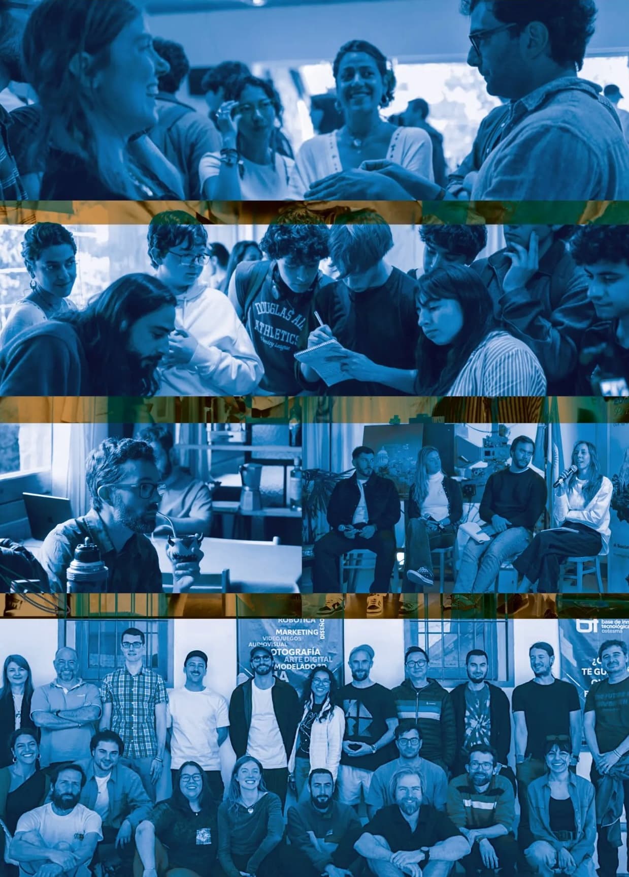 Collage of the residency: conversations at a mixer, a huddle of participants over a notebook, a panel with a microphone, someone drinking mate at a laptop, and the group photo in front of the venue.