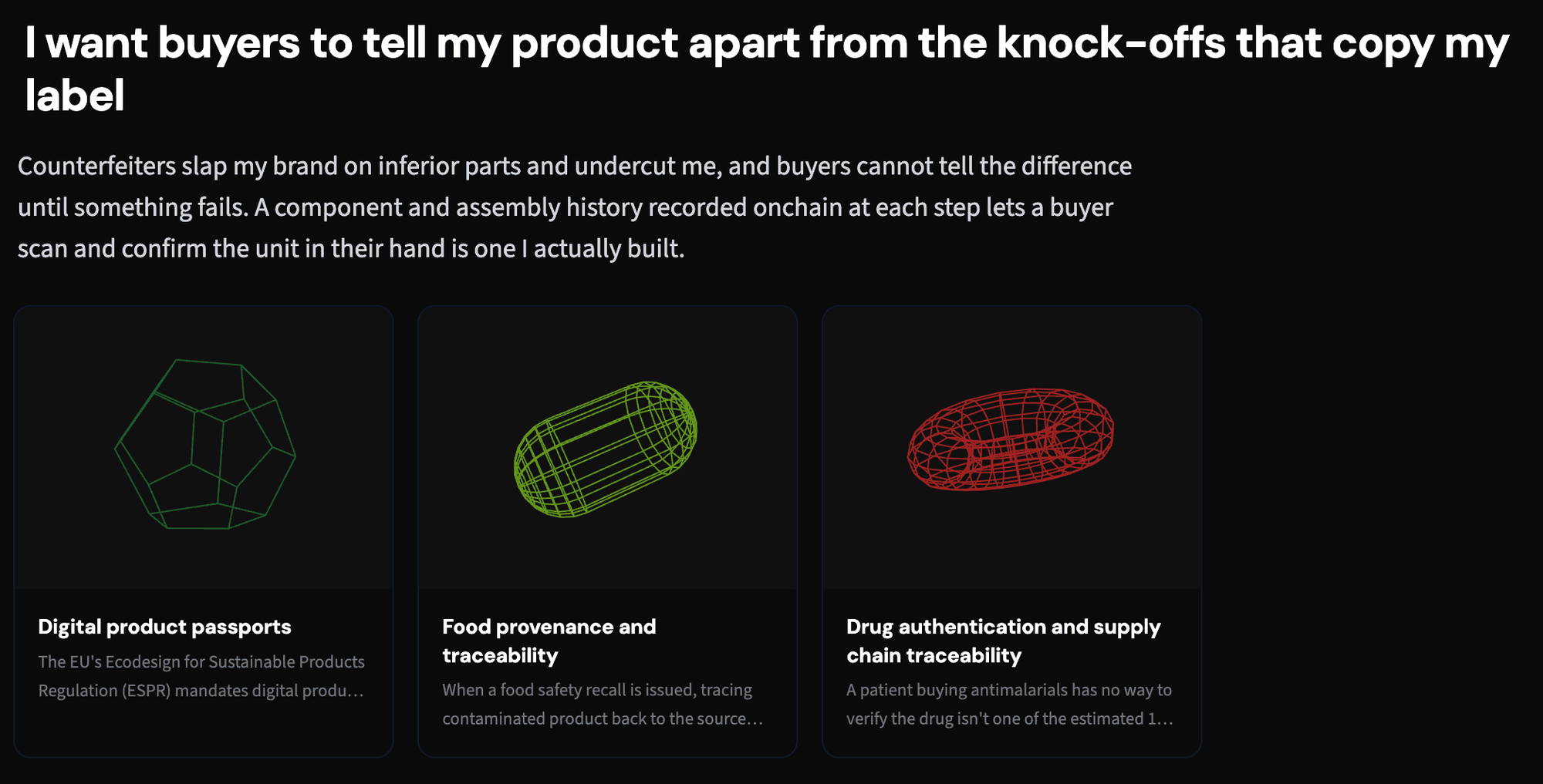 A want in the Use Case Explorer: a manufacturer who wants buyers to tell their product apart from knock-offs, with three related use cases beneath it.