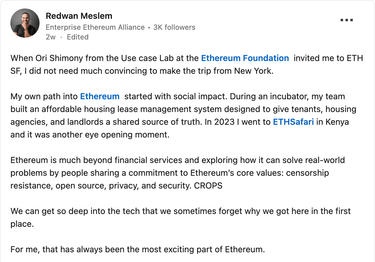 Post by Redwan Meslem of the Enterprise Ethereum Alliance on coming to ETH SF at the Use Case Lab's invitation, with photos of the event.