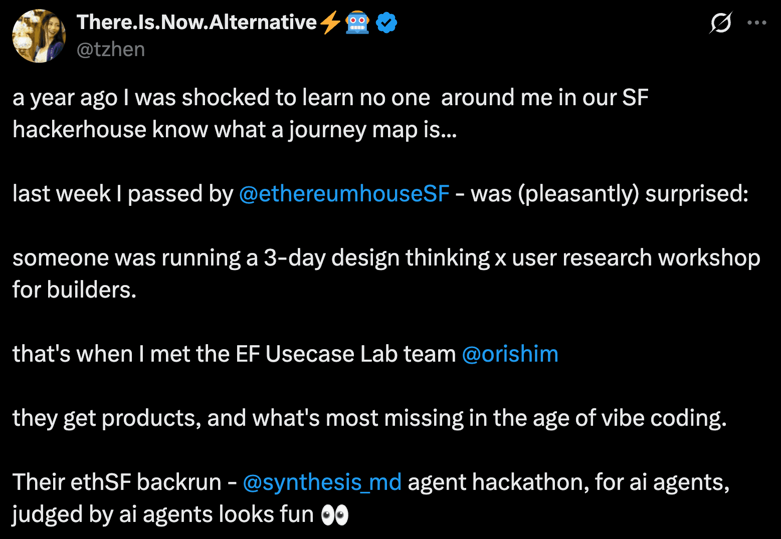 Post by Tina Zhen of Flashbots on meeting the Use Case Lab team at the three-day design thinking and user research workshop at Ethereum House SF.